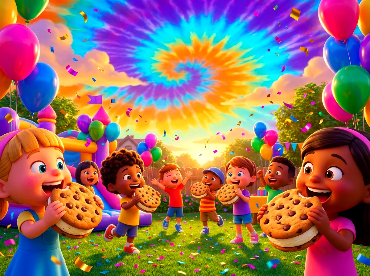 Colorful concept illustration of children celebrating at a Jimmy Sweet Dreams party