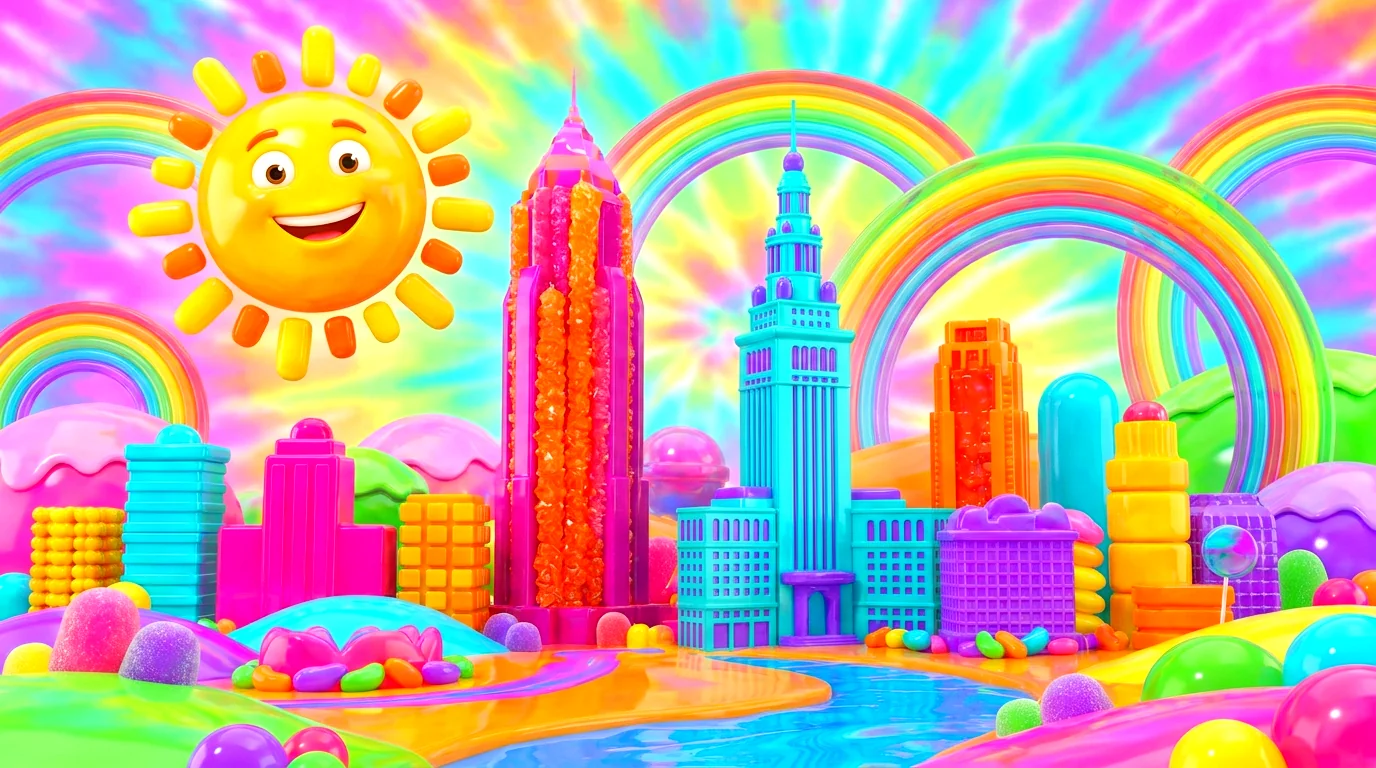 Vibrant candy-colored Cleveland skyline with a smiling sun and rainbows