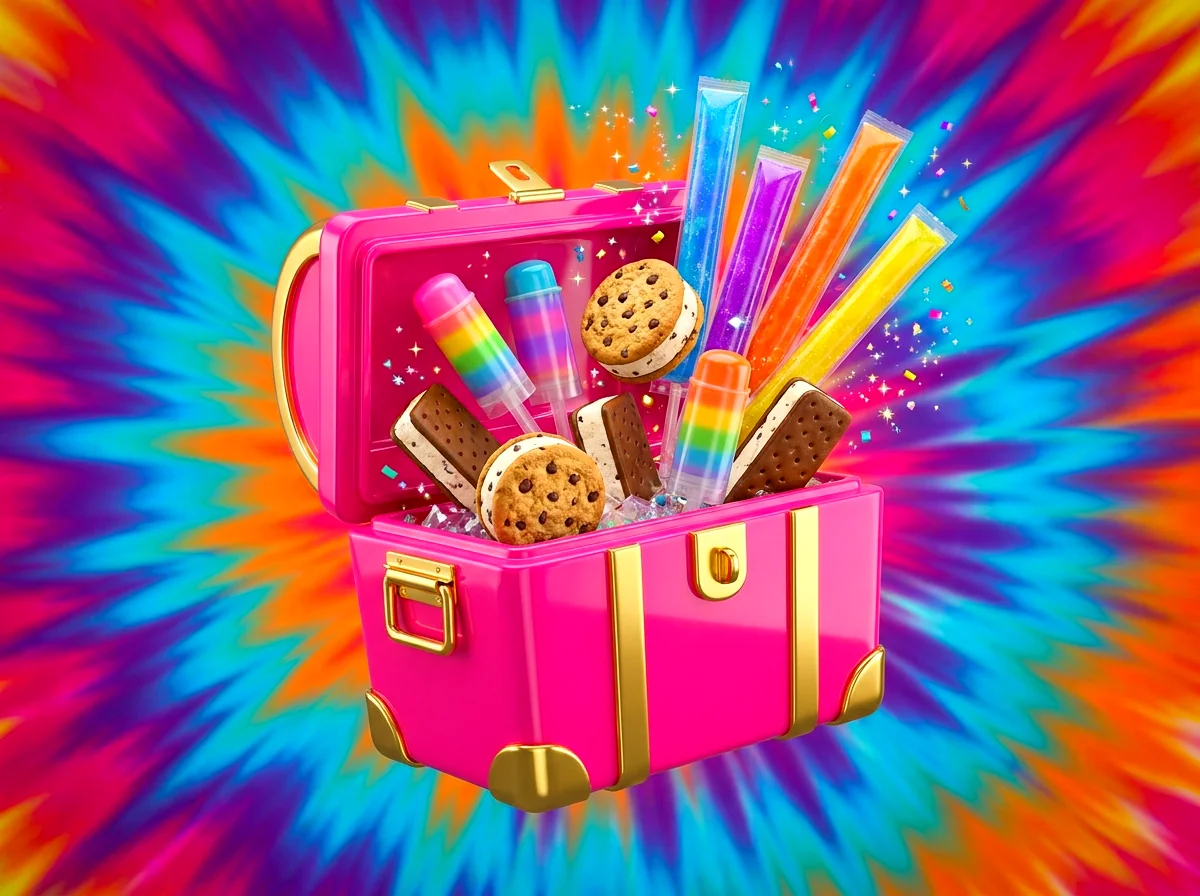 A cooler overflowing with wrapped ice cream sandwiches, push pops and freezie pops