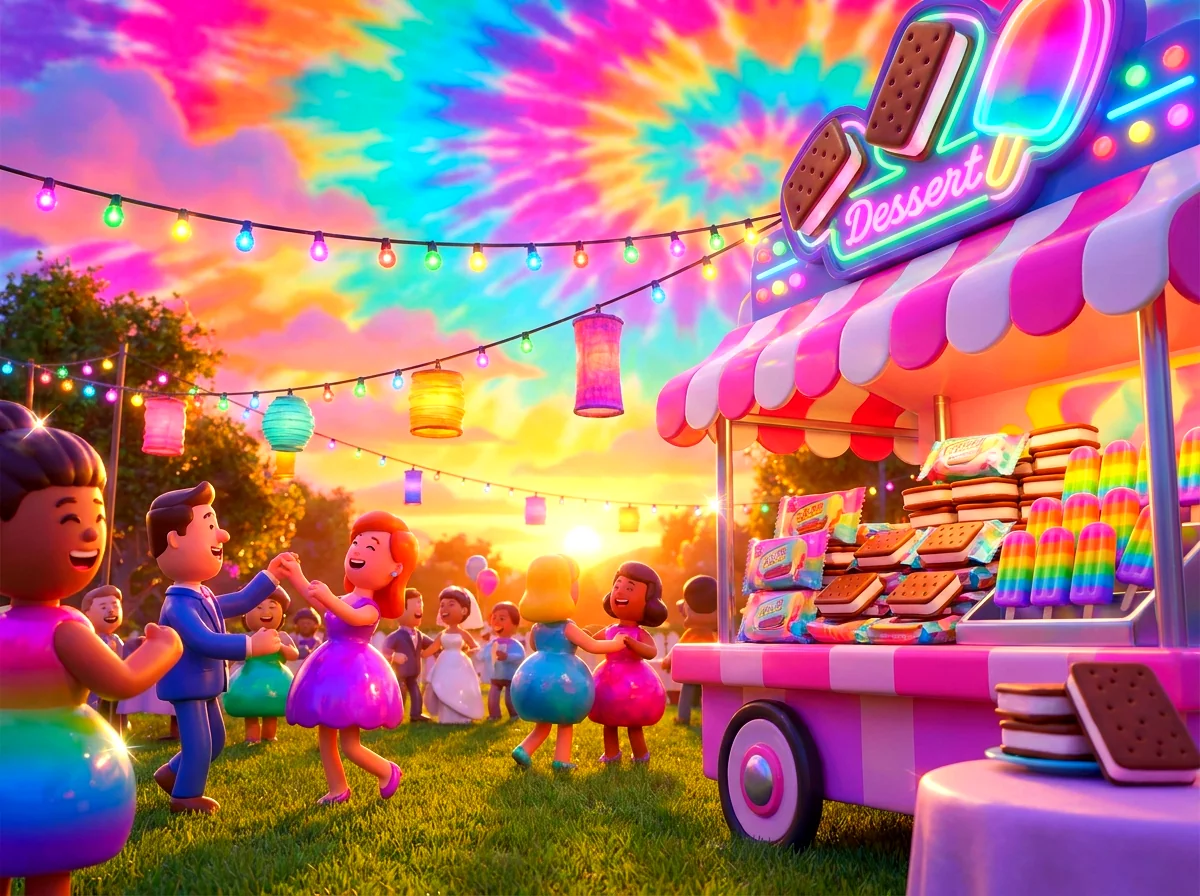 Vibrant 3D scene of a golden-hour wedding party with an ice cream dessert stand